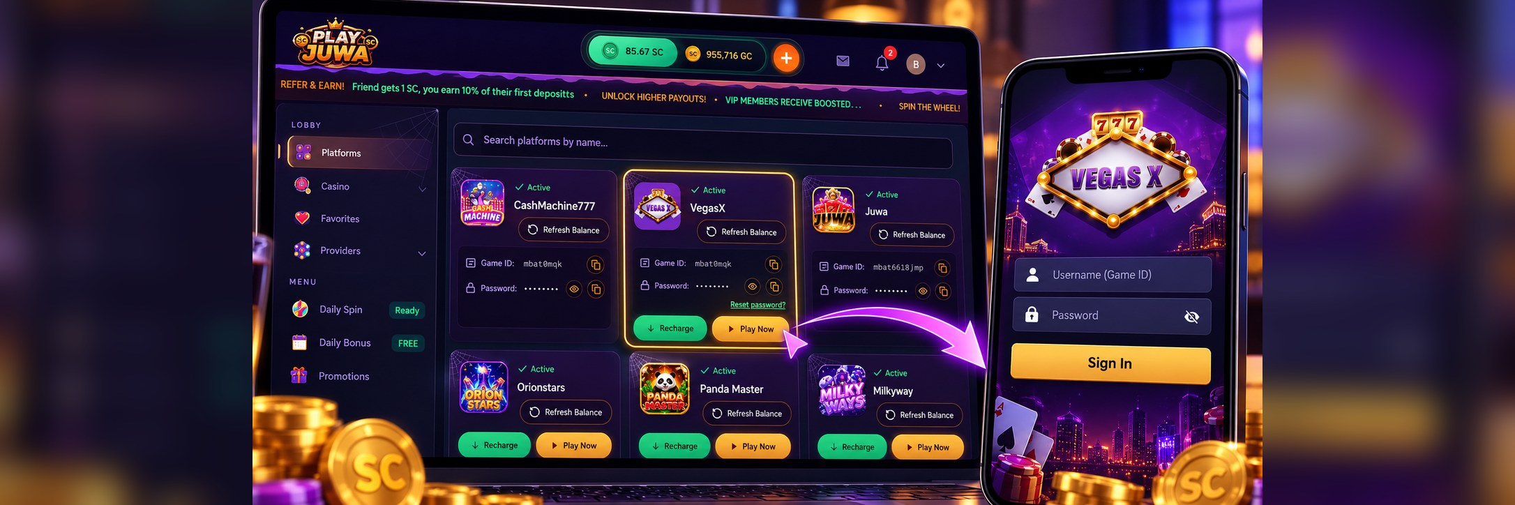 Vegas X login screen with Game ID and password through PlayJuwa