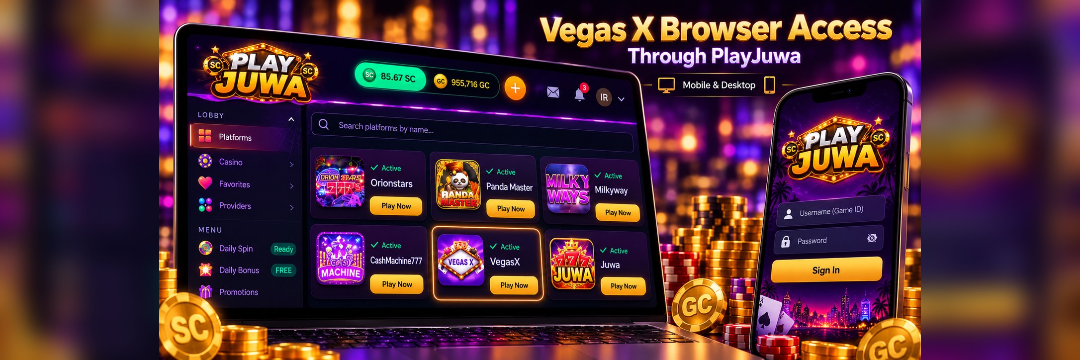 Vegas X browser access through PlayJuwa on desktop and mobile